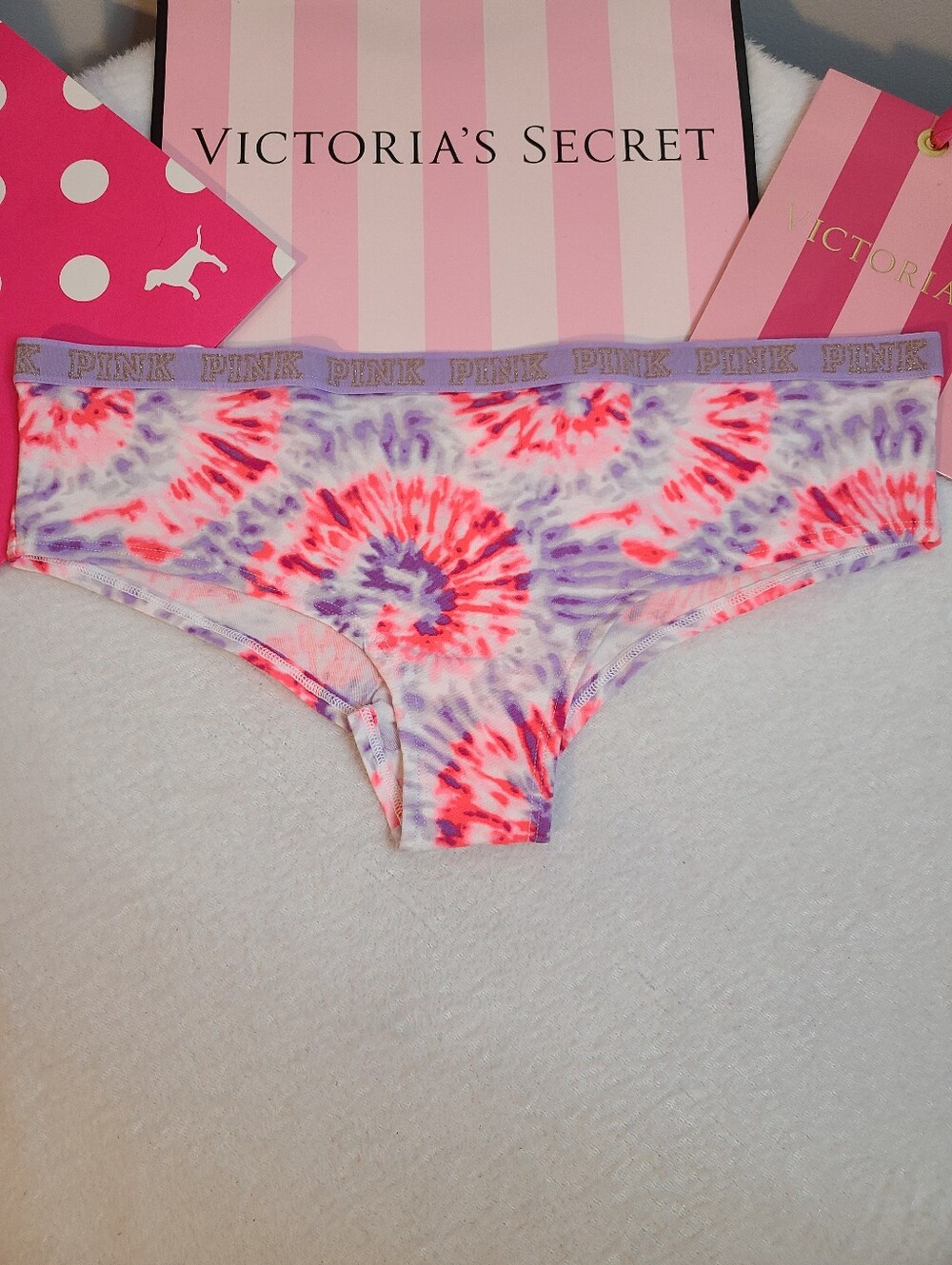 Retired VS PINK Sparkle Logo Band Cotton Cheekster Panty Size Lg Tie-dye